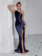 Shoulder Pleats, Slim Fit, Slit High-quality Party Maxi Dresses
