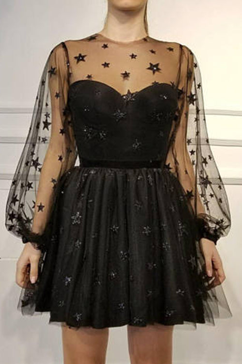 Illusion Yoke Sweetheart Puff Sleeve Star Applique Tulle Mini Dress