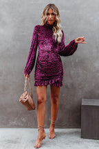 Burnout Velvet Mock Neck Damask Bishop Sleeve Ruched Flounce Mini Dress
