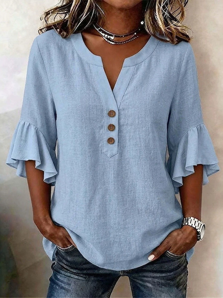 V-neck Solid Color Button Casual Ruffle Sleeve T-shirt