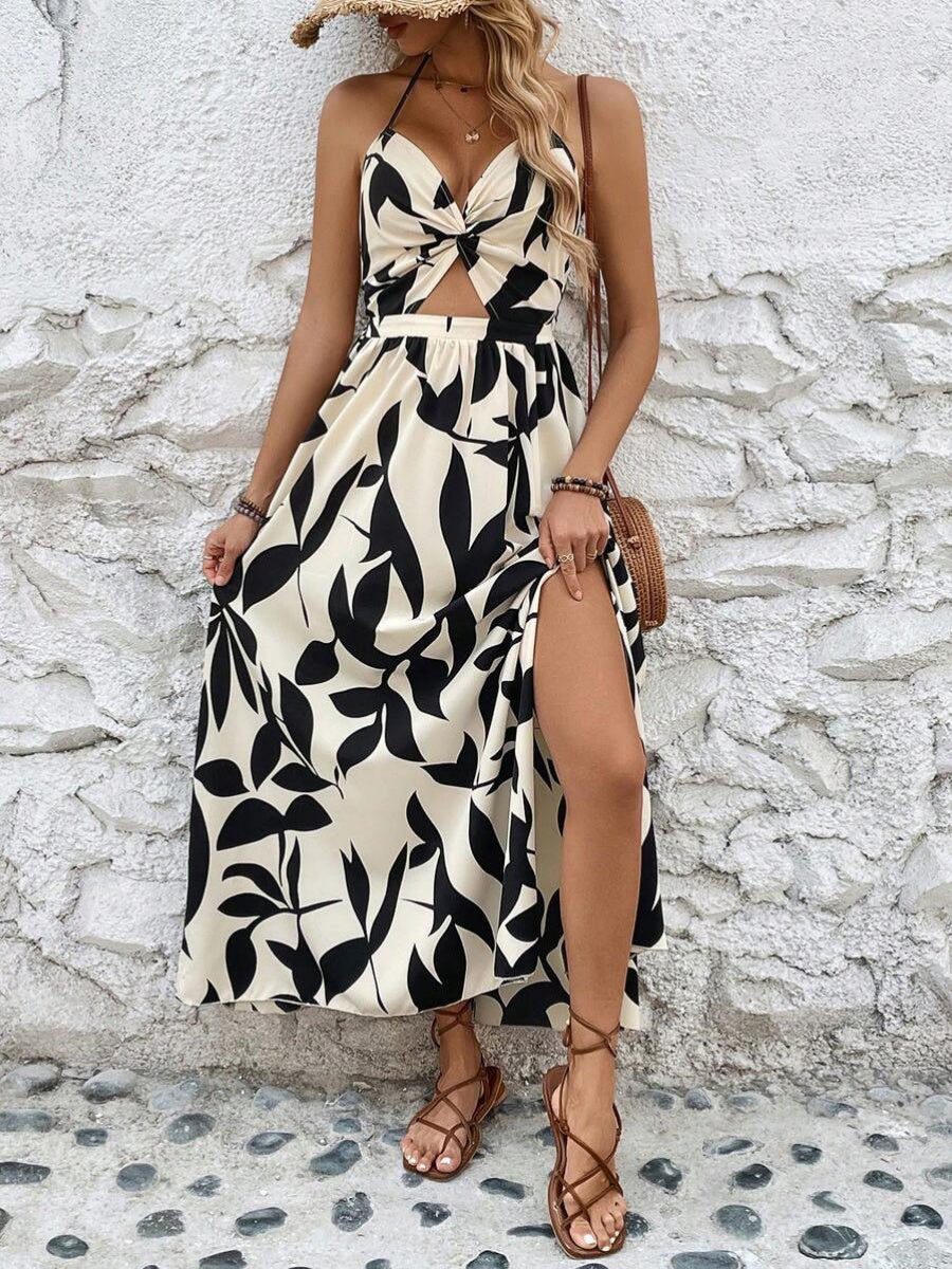 Leaf Print Hollow-Out Pleated Halter Neck Long Dress