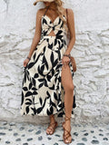 Leaf Print Hollow-Out Pleated Halter Neck Long Dress