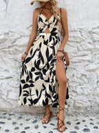 Leaf Print Hollow-Out Pleated Halter Neck Long Dress