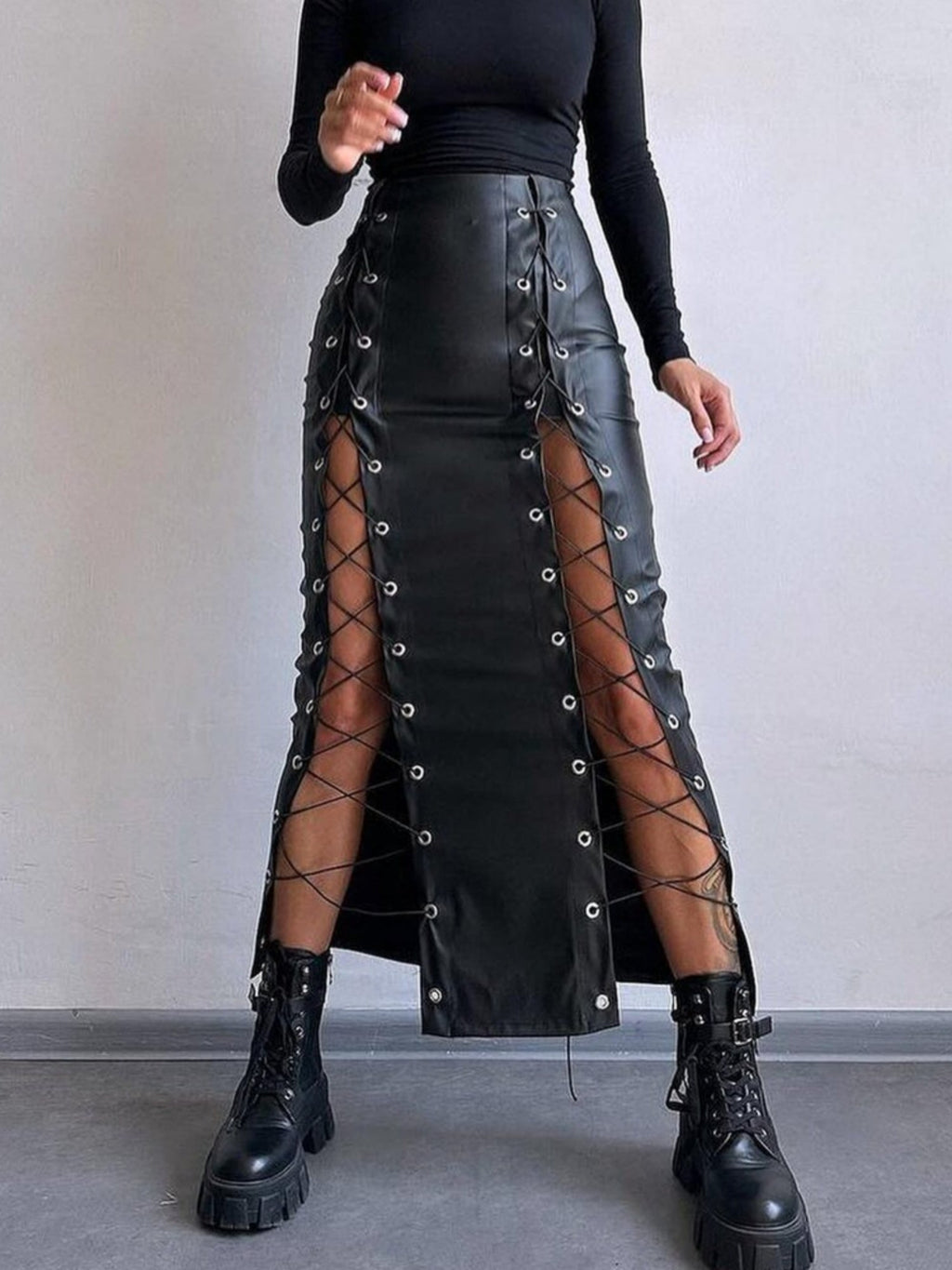 PU Leather Lace Up Slit Bodycon Skirt
