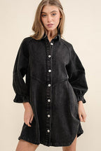 Denim Button Front Chevron Yoke Ruffle Cuff Shirt Mini Dress