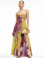 Bustier Cut Out Sweetheart Pleated Abstract Floral Maxi Dress
