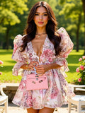 Floral Print Chiffon Puff Sleeve V-neck Mini&Short Dresses