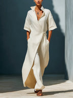 Casual V-neck Short-sleeved Tie-waist Solid Color Maxi Dresses
