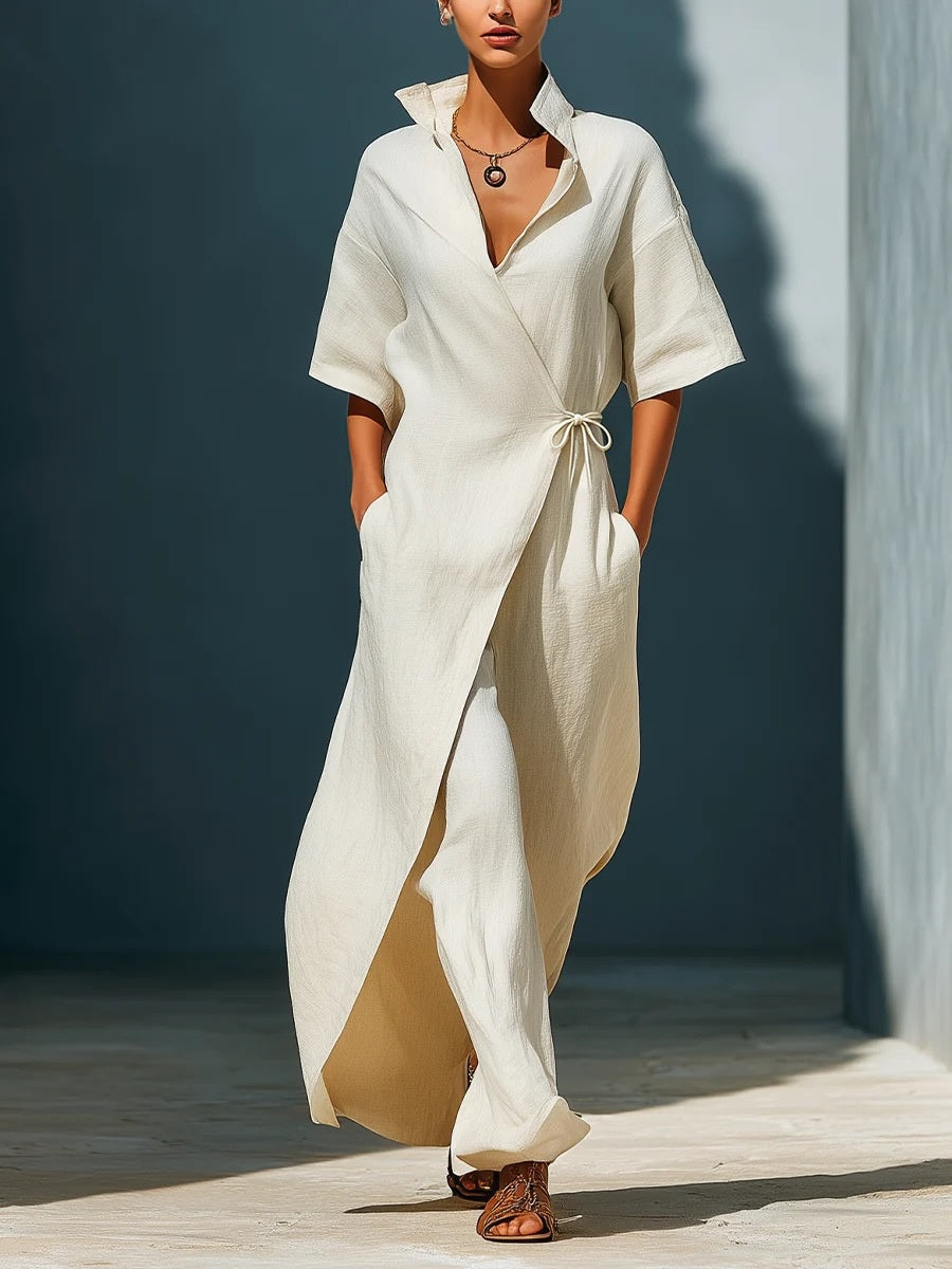 Casual V-neck Short-sleeved Tie-waist Solid Color Maxi Dresses