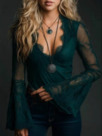 V-neck Lace Sheer Mesh Shirt
