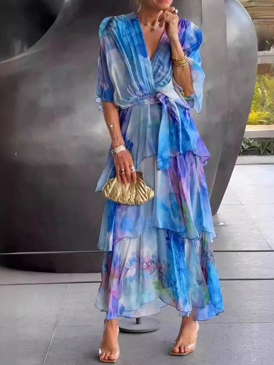 Floral Print Multi-layered Long Dress