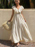 Lace-trimmed Loose-fitting V-neck Apricot Long Dress