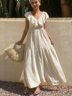 Lace-trimmed Loose-fitting V-neck Apricot Long Dress