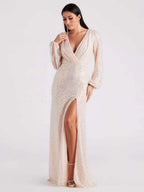 V-neck Slit Sequins Banquet Formal Dress Maxi Dresses