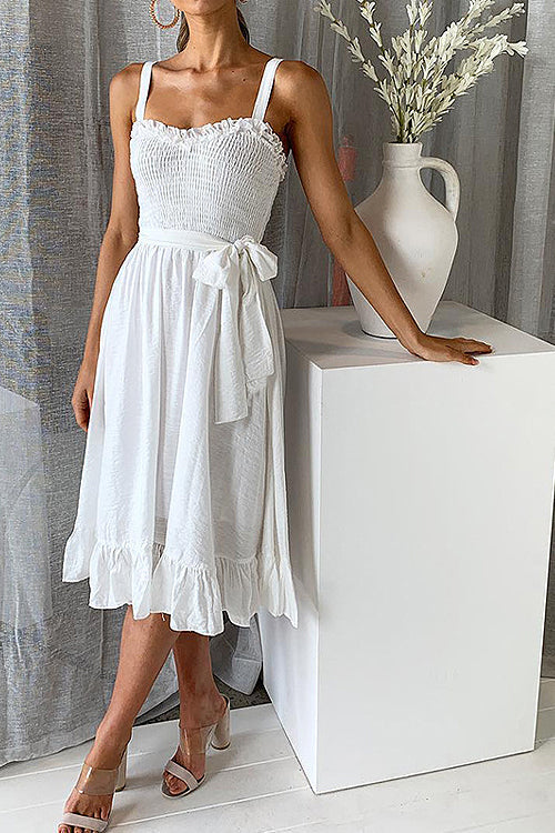 Smocked Bodice Wide Strap Tie Waist Ruffle Hem Midi Dress