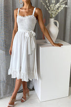 Smocked Bodice Wide Strap Tie Waist Ruffle Hem Midi Dress