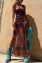 Scoop Neck Spaghetti Strap Patchwork Geometric Print Maxi Dress