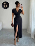 V-neck Cross Metal Buckle Pleated Slit Maxi Dresses
