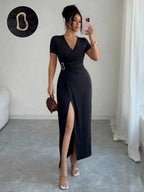 V-neck Cross Metal Buckle Pleated Slit Maxi Dresses