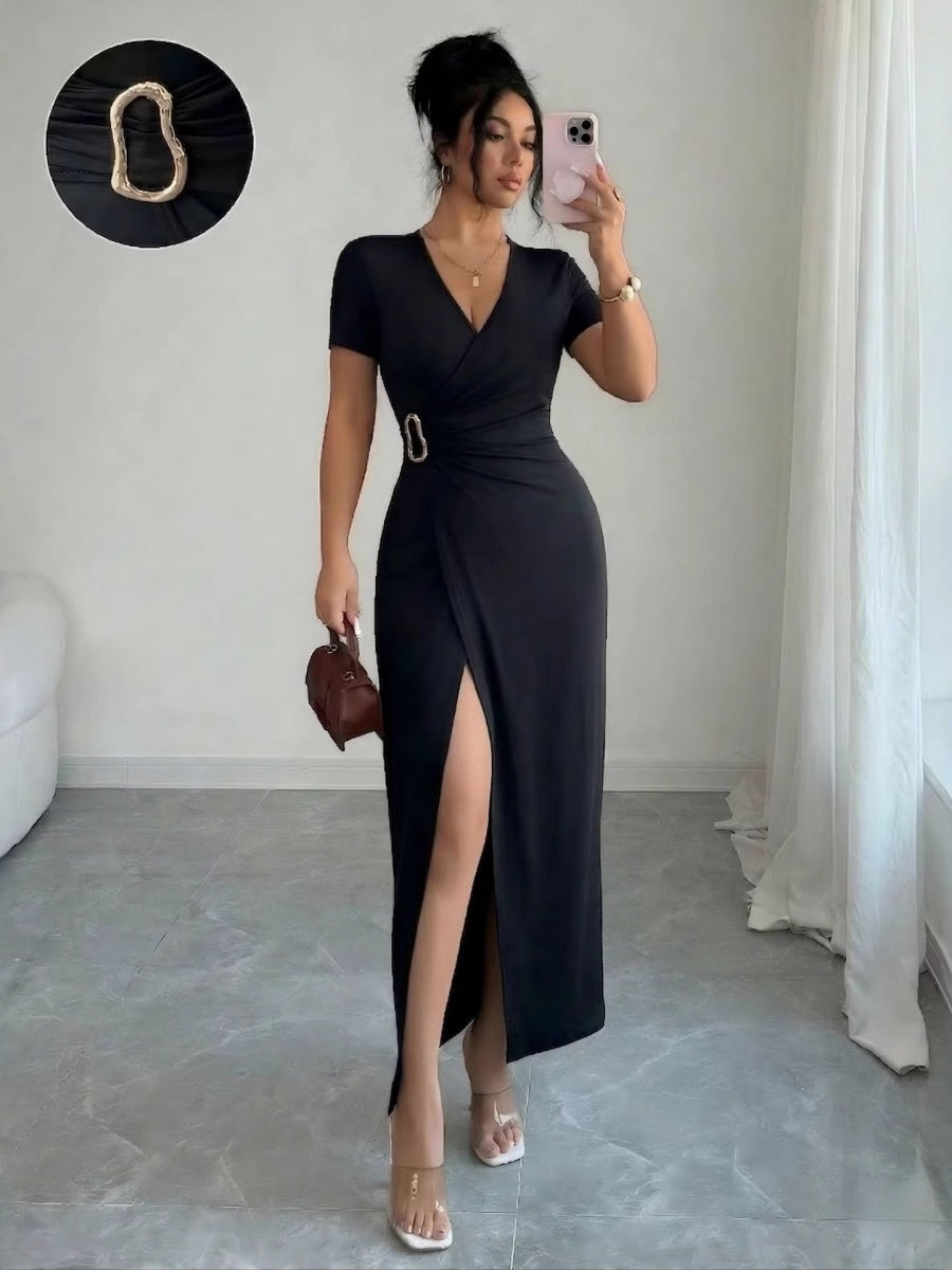V-neck Cross Metal Buckle Pleated Slit Maxi Dresses