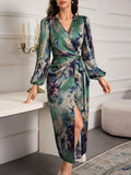 Printed V-neck Cardigan With Belt Midi Dresses