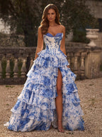 Floral Print Multi-Layer Herringbone Strapless Long Dress