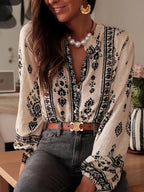 Geometric Print V-neck Long-sleeved Shirt
