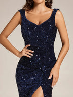 Dark Blue Sequined High Slit Maxi Dresses