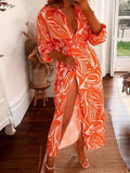 Wrap-up Shirt Collar Lace Up Printed Maxi Dresses