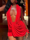 Pleated Deep V Halter Neck Exposed Backpack Buttocks Mini&Short Dresses