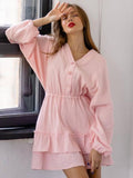 Ruffle Buttons V-neck Long Sleeve Mini&Short Dresses
