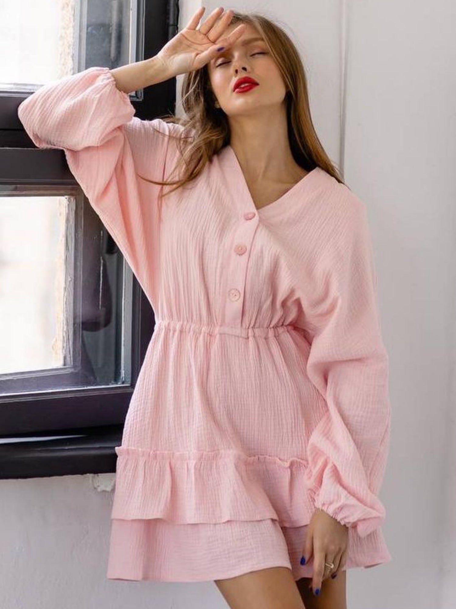 Ruffle Buttons V-neck Long Sleeve Mini&Short Dresses