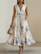 V-neck Sleeveless Pleated Floral Print Maxi Dresses