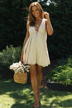 Deep V-Neck Sleeveless Empire Tie Waist Tiered Ruffle Babydoll Mini Dress