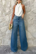 High Waist One Button Pocketed Wide Leg Pants