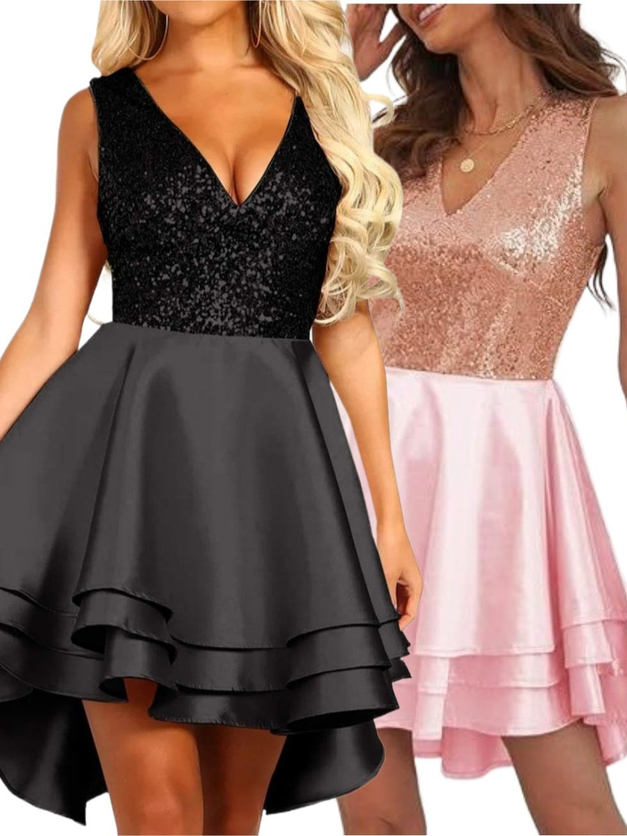 V-neck Sequins Splicing Irregular Hem Banquet Formal Dress Parties Mini&Short Dresses