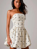 Polka Dot Print Patchwork Strapless Top Mini&Short Dresses