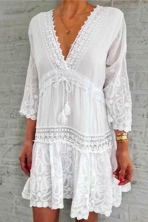 V Neck Lace Trim Tassel Swing Dress