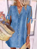 V-Neck Button Front Tie Sleeve Chambray Mini Shift Dress