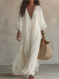 Batwing Sleeves V-neck Lace Stitching Beach Dress Seaside Smock Maxi Dresses