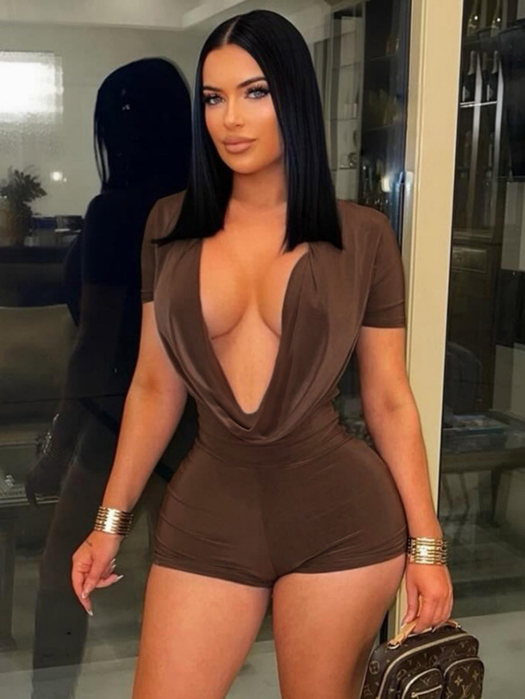Deep V-neck Short-sleeved Tights Jumpsuits