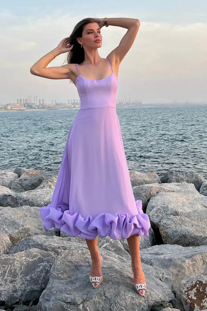 Spaghetti Strap Scoop Neck Bubble Hem Ruffle Trim Midi Dress