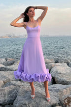 Spaghetti Strap Scoop Neck Bubble Hem Ruffle Trim Midi Dress
