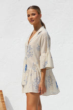 Novelty Sketch Print Collar V-Neck Button Front Tiered Smock Mini Dress