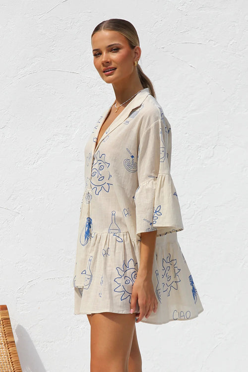 Novelty Sketch Print Collar V-Neck Button Front Tiered Smock Mini Dress