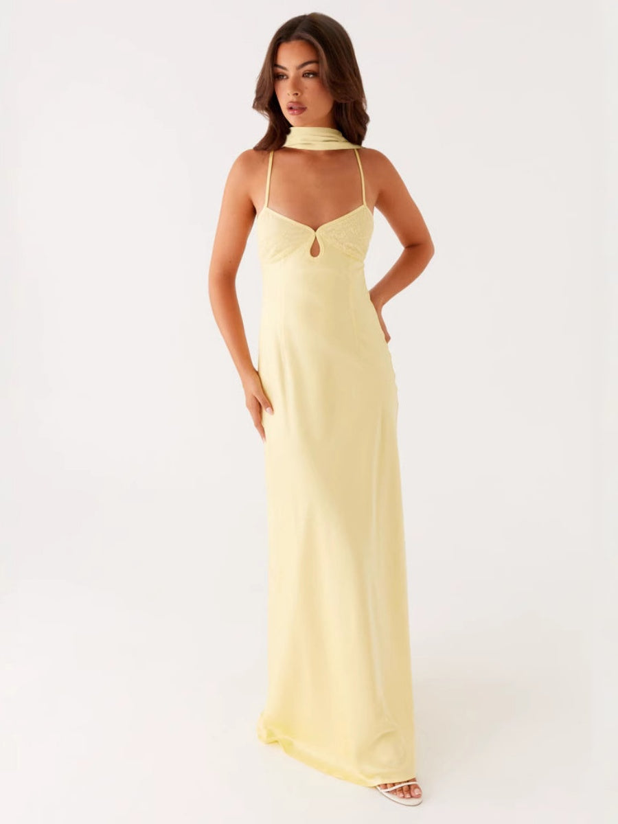 V-neck, Tie-up, Backless Satin Maxi Dress With A Resort Style