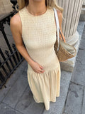 Light Apricot-colored Vacation-style Round Neck Sleeveless Cinched Long Dress