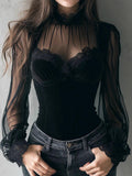 Velvet Ruffle Balloon Sleeve Lace T-shirts