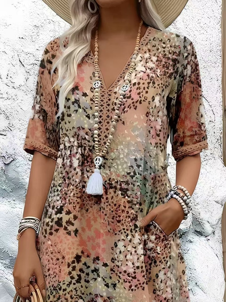 Leopard Print Midi Dress With Lace Trim And V-neck Short Sleeves