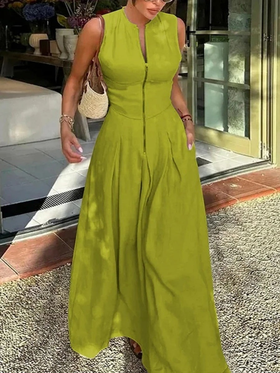 High-waisted Solid Color Sleeveless Zipper Long Dress